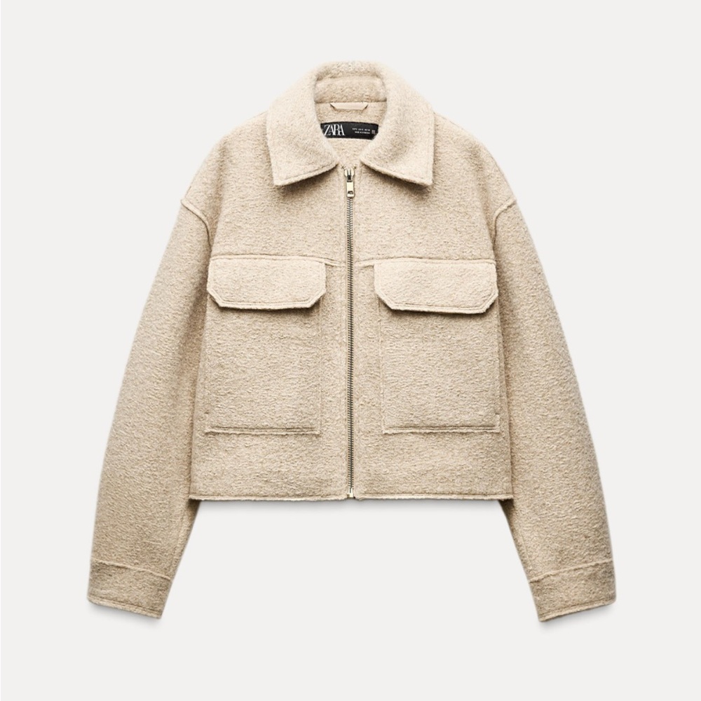 ZARA BOUCLÉ PATCH POCKET JACKET 3046/040 SMALL ECRU SHERPA FUZZY COAT BEIGE